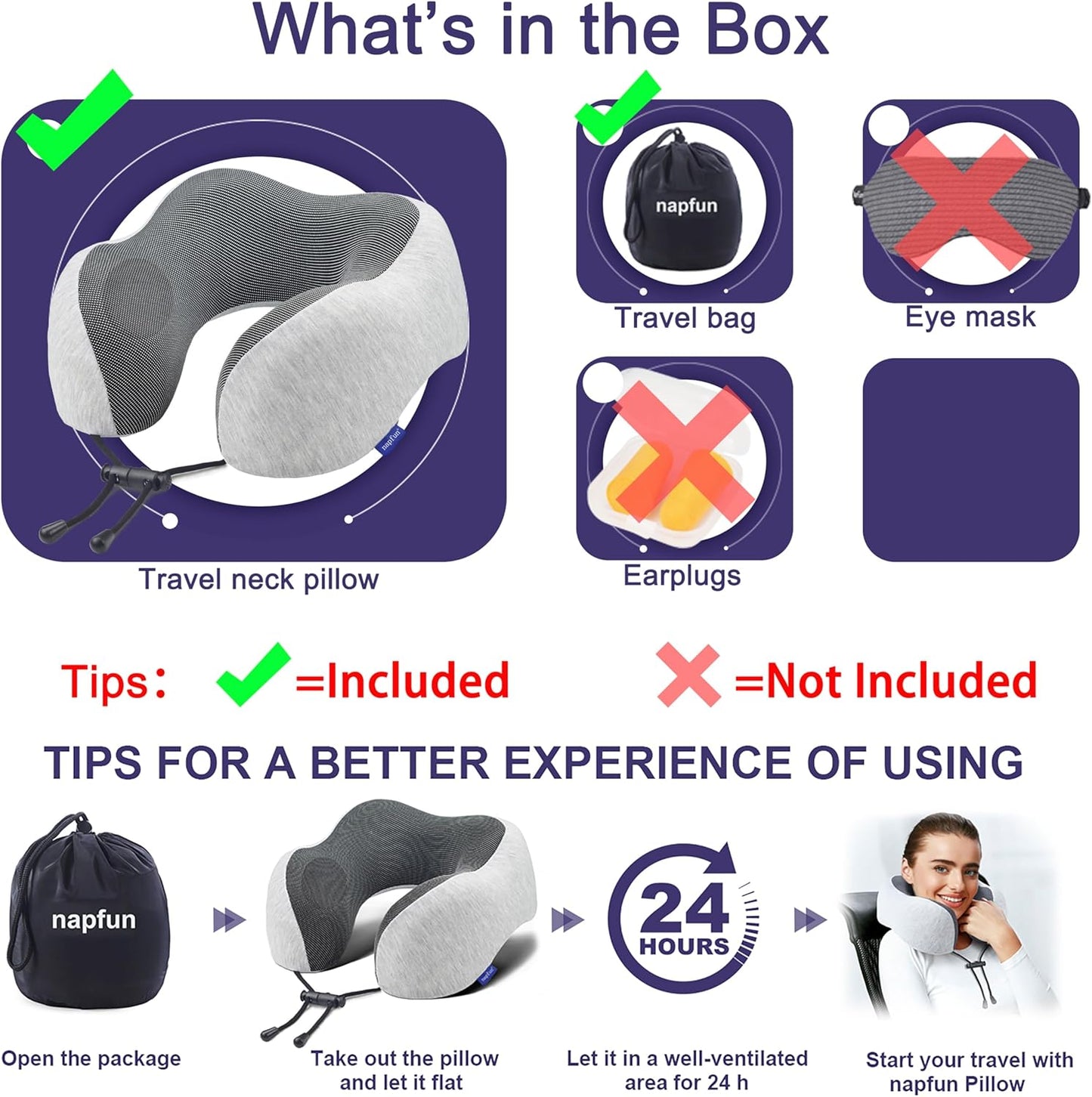 napfun Neck Pillow for Traveling, Upgraded Travel Neck Pillow for Airplane 100% Pure Memory Foam Travel Pillow for Flight Headrest Sleep, Portable Plane Accessories, Light Grey