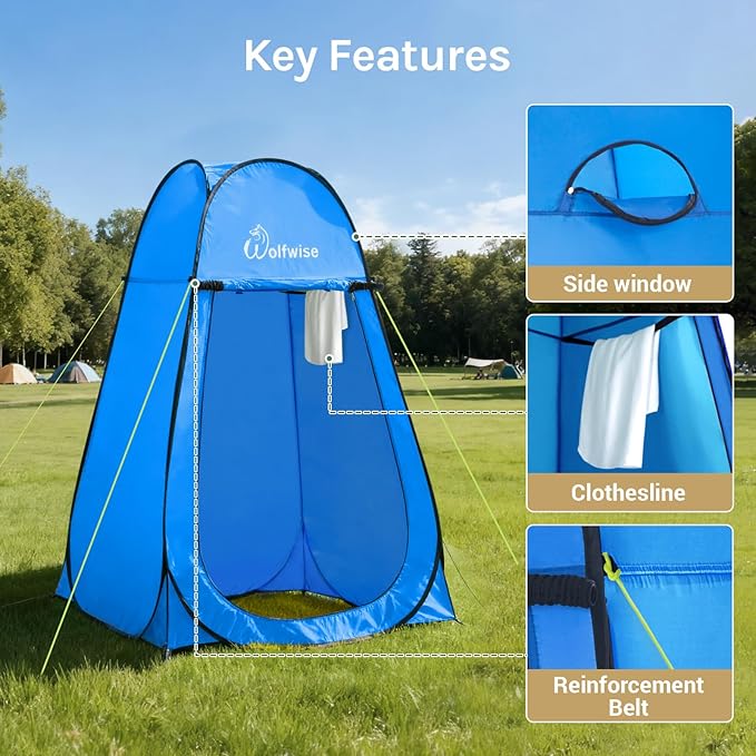 Wolfwise Pop Up Shower Tent, Portable Instant Changing Tent with Ventilation Window & Carry Bag, Privacy Bathroom Toilet Tent for Beach, Camping & Outdoor, Width 47.2 ", Height 74.8 ", Blue