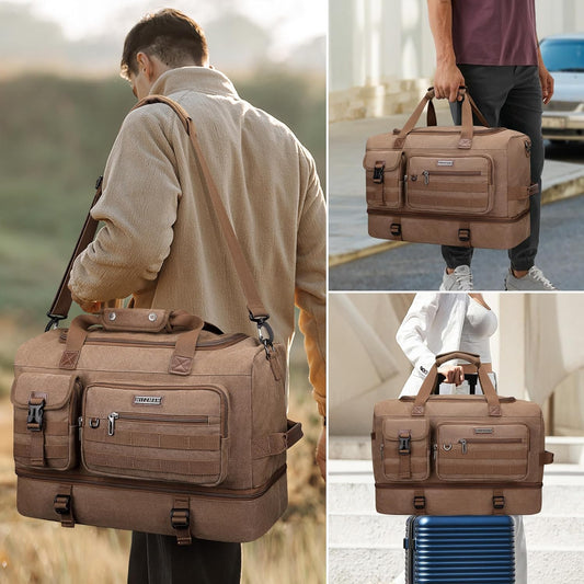 WITZMAN Duffle Bag for Men 50L Canvas Weekender Overnight Bag with Toiletry Bag Sets Travel Duffel Bag Shoes Compartment（A8010-2 Brown） - Roamly