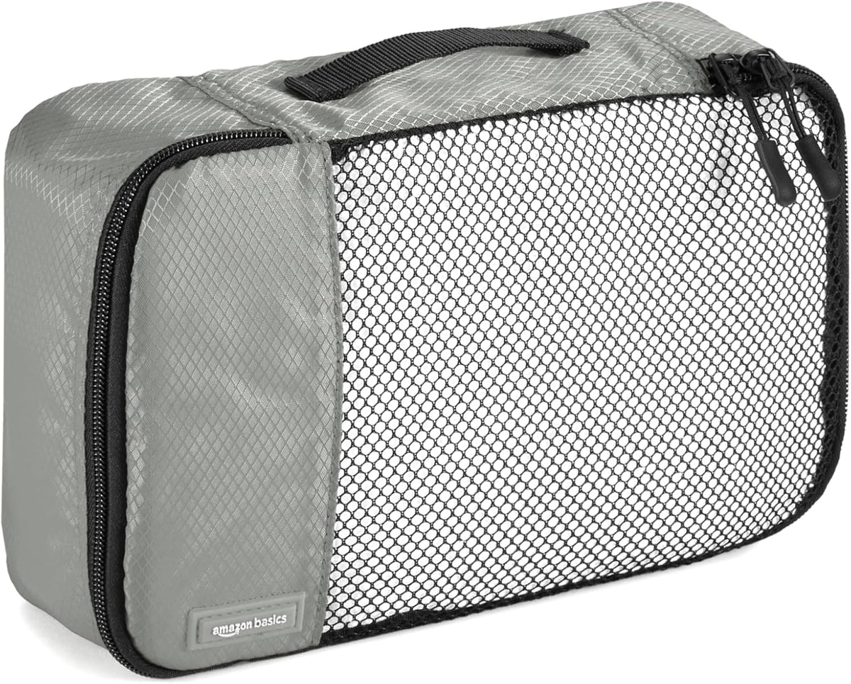 Amazon Basics Lightweight Packing Cubes Travel Organizer Set with Double Zipper, Mesh Top, Multiple Sizes, 4 Piece, Gray - Roamly