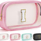YOOLIFE Initial Make Up Bag Travel Toiletry Bag, Clear Makeup Bag Preppy Cosmetic Bags Organizer Travel Essentials Pink Gifts for Women Teen Girlfriend Teacher Mom Birthday Mothers Day Gifts I