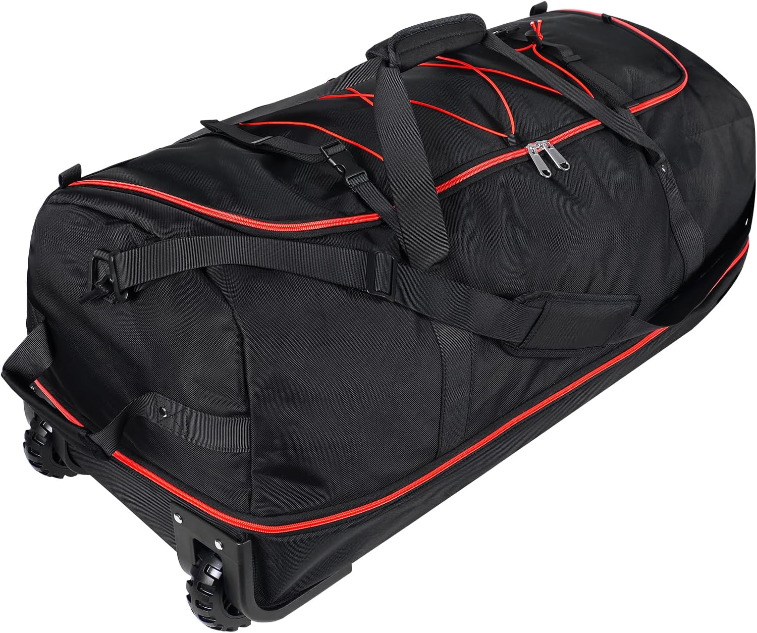 110L/140L Expandable Soft-Sided Foldable Duffle Bag with 2 Rubber Wheels,Packable 32” Rolling Carry-On with Multi-Pockets & Compartments,Black Red - Roamly