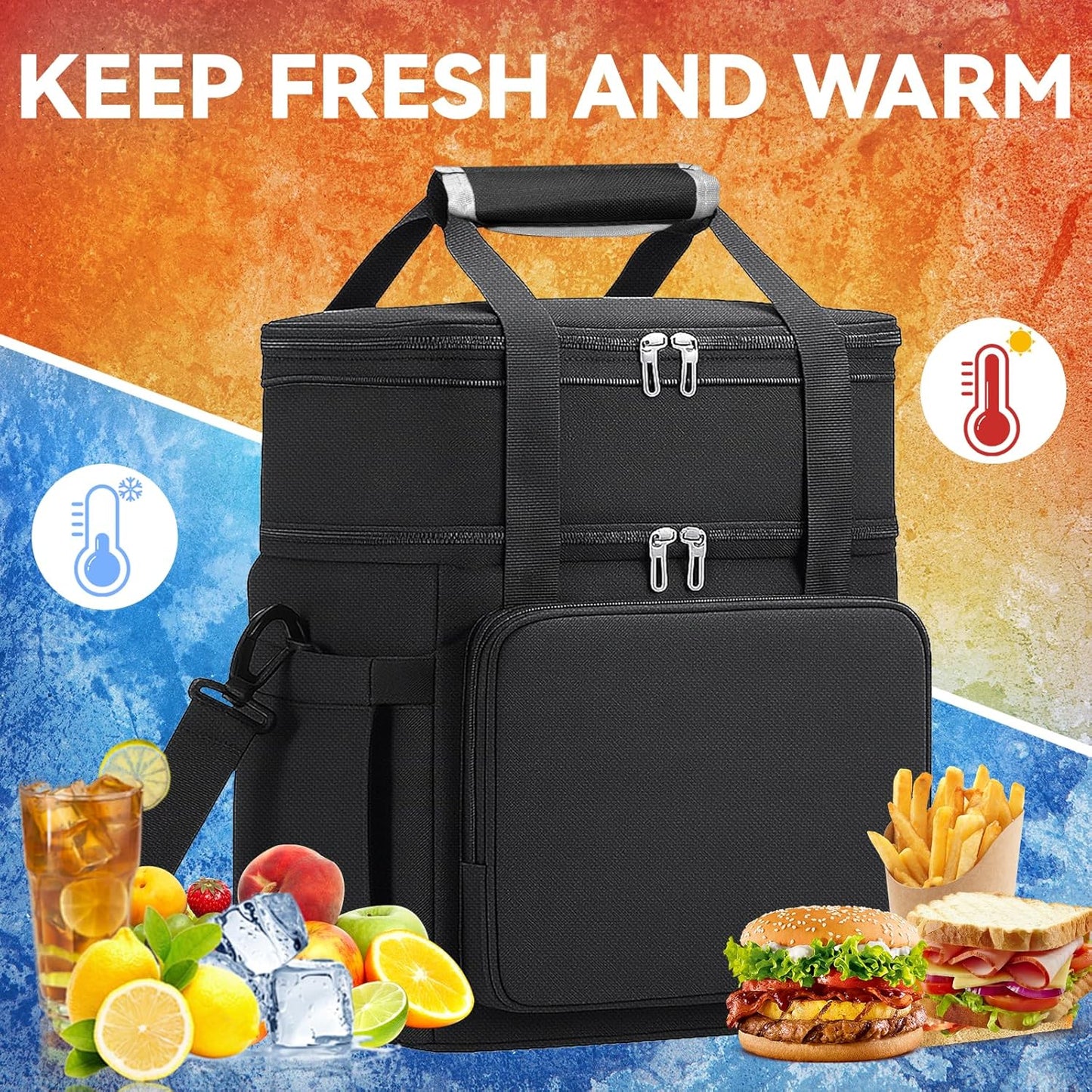 Lunch Box for Men Women, Large Expandable Insulated Lunch Bag, Double Deck Leakproof Cooler Bag for Adults Work Office Outdoor Beach Trips, Black 16L