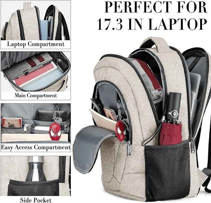 BIKROD Backpack for Women and Men, Extra Large School Backpacks for Teens, Water Resistant Back Pack with USB Charging Port Fits 17 Inch Laptop, Business Anti Theft Sturdy Computer Bag Gifts, Beige