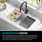 KRAUS Bellucci Workstation 32 in. Undermount Granite Composite Single Bowl Kitchen Sink in White with Accessories with WasteGuard™ Continuous Feed Garbage Disposal, KGUW1-33WH-100-75MB