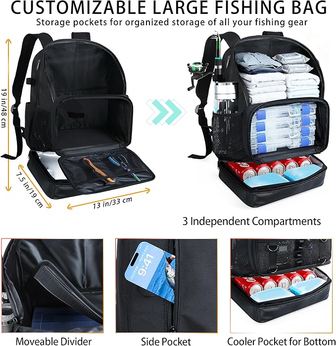 Fishing Backpack with Rod Holder, Heavy Duty Fishing Bag with Waterproof Bottom, Tackle Backpack Gifts for Man Woman-Black