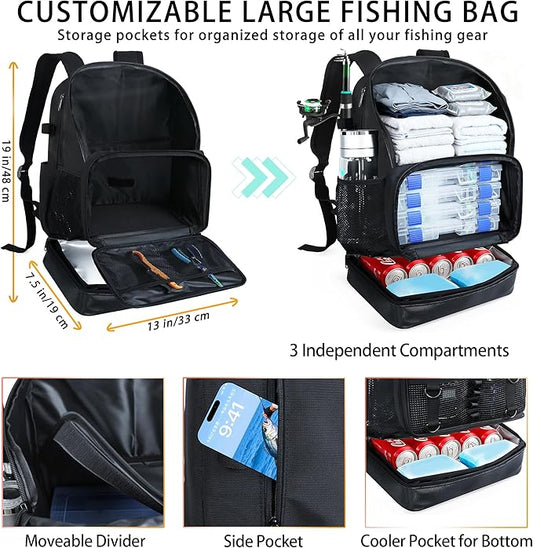 Fishing Backpack with Rod Holder, Heavy Duty Fishing Bag with Waterproof Bottom, Tackle Backpack Gifts for Man Woman-Black