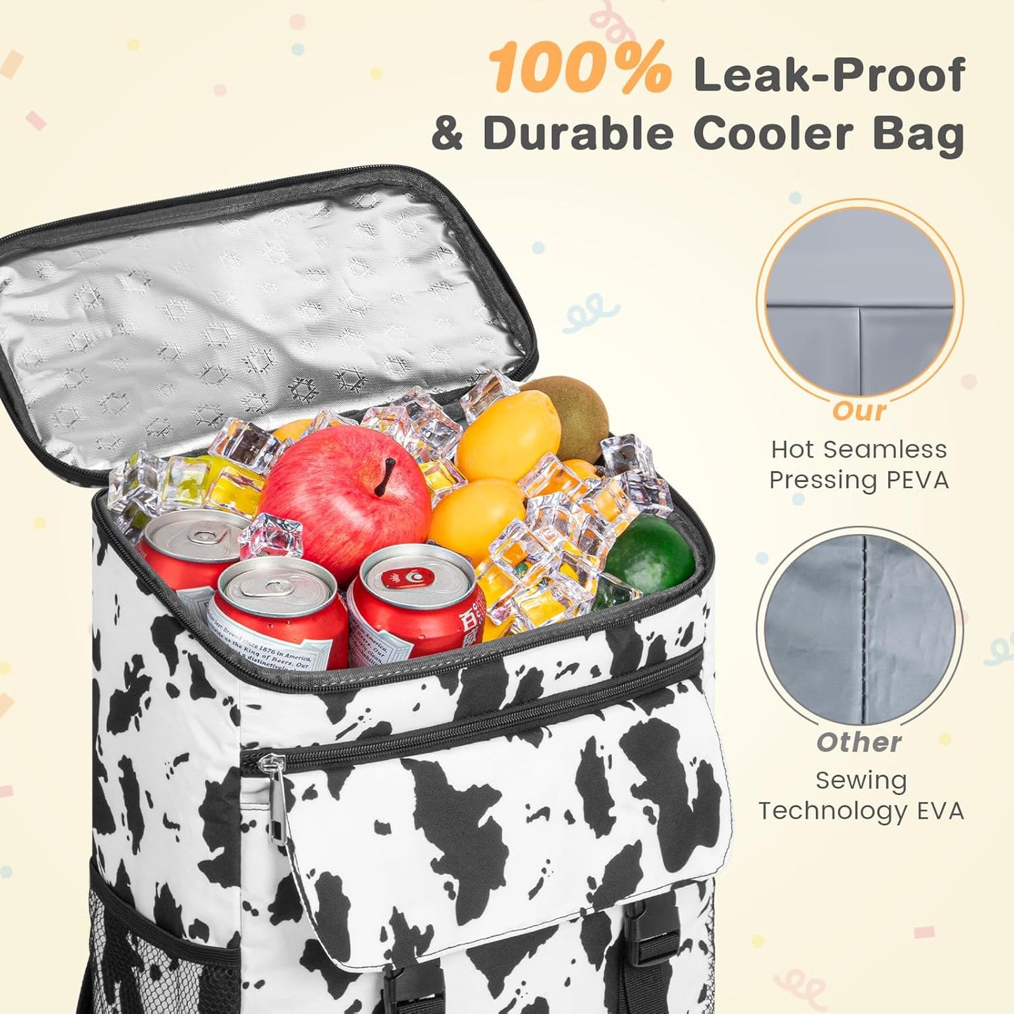 Cooler Backpack Soft Insulated Leak Proof 30 Cans Insulated Backpack Cooler Portable Picnic Camping Beach Hiking BBQ Lunch Backpack for Men and Women -Cow Color
