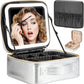 Makeup Travel Train Case with Mirror LED Light 3 Adjustable Brightness Large Cosmetic Bag Portable Storage Adjustable Partition Waterproof Make up Brushes Makeup Jewelry Gift for Women