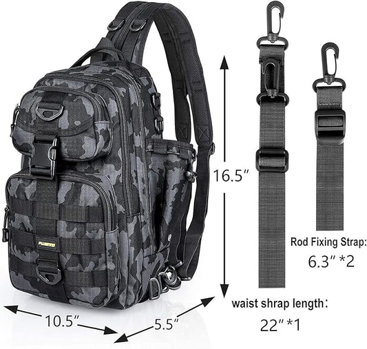 PLUSINNO Fishing Backpack, Fishing Bag, Waterproof Fishing Sling Tackle Bag For Fishing Gear With Rod Holder, Fishing Gifts for Men
