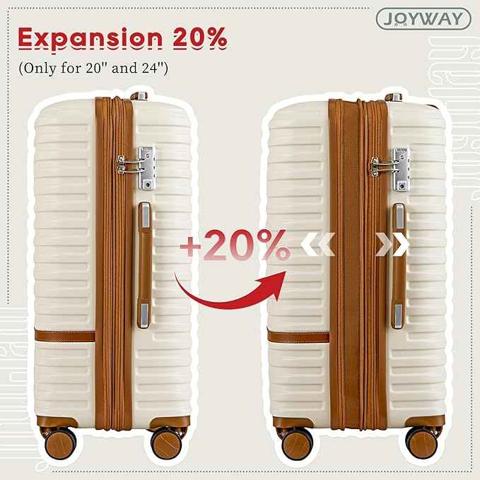 Joyway Expandable 24 Inch Luggage with Spinner Wheels, Lightweight Hard Shell Medium Checked Suitcase, 3 Piece Luggage Sets with TSA Lock, White