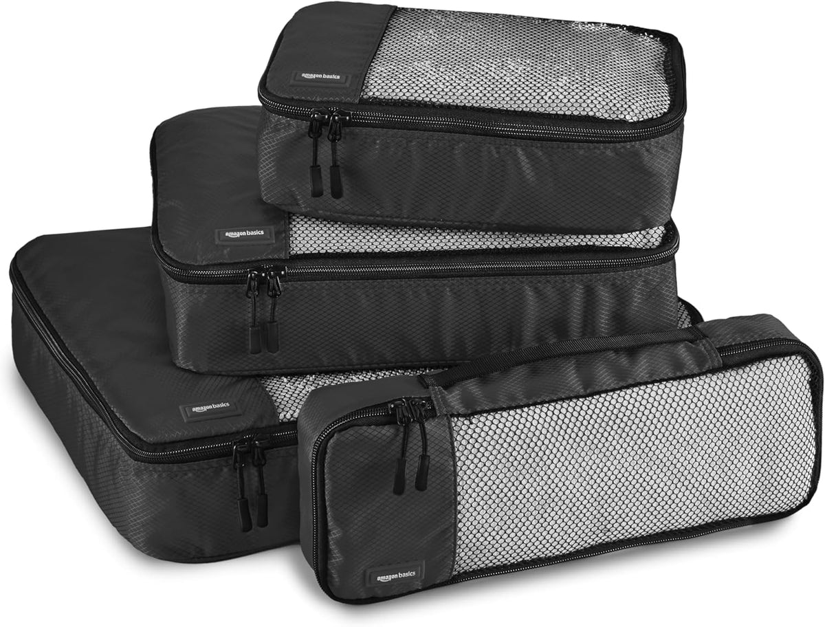 Amazon Basics Lightweight Packing Cubes Travel Organizer Set with Double Zipper, Mesh Top, Small, Medium, Large, Slim, Black, 4 Piece - Roamly