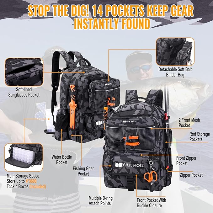 50L Fishing Tackle Backpack with Rod Holder and 4 Included 3600 Tackle Boxes - Waterproof Fishing Backpack for Ultimate Gear Organization and Storage (Gray Camo)