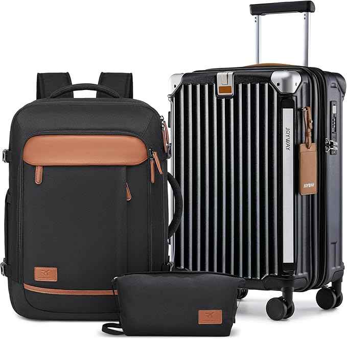 Joyway 20in Carry On Luggage with Cup Holder and USB Port, 25% Expandable Capacity, Smart Suitcase with Anti Slip Wheels and Backpack, Perfect for Men and Women 3 Piece Set Black