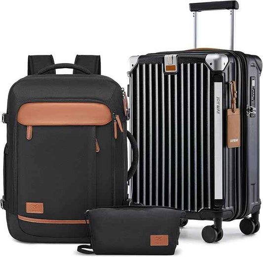 Joyway 20in Carry On Luggage with Cup Holder and USB Port, 25% Expandable Capacity, Smart Suitcase with Anti Slip Wheels and Backpack, Perfect for Men and Women 3 Piece Set Black