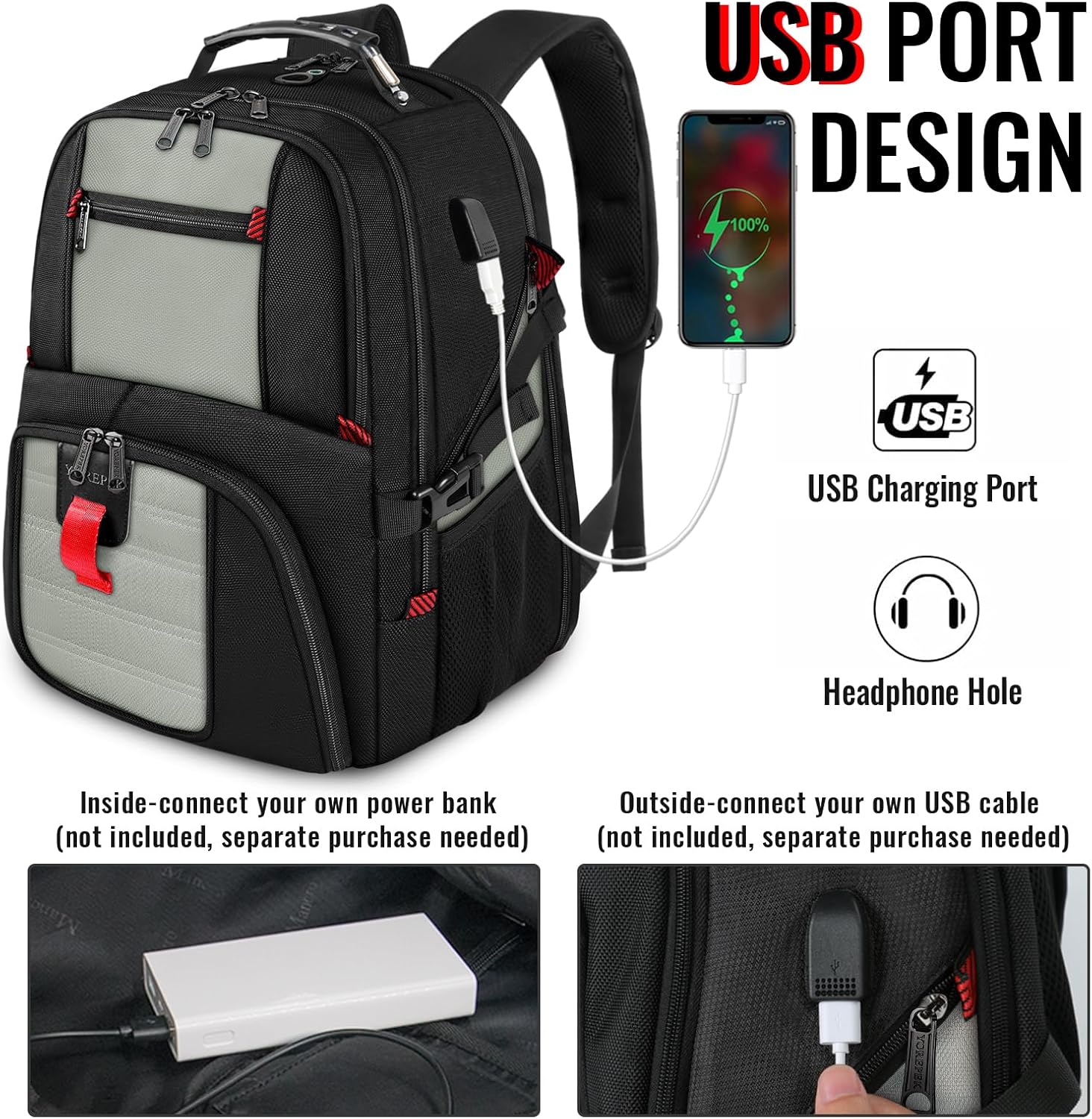 YOREPEK 18.4 Laptop Backpack, Large Backpacks with USB Charger Port, TSA Friendly Flight Approved Weekend Carry on Backpack with Luggage Strap for Men and Women, Grey - Roamly