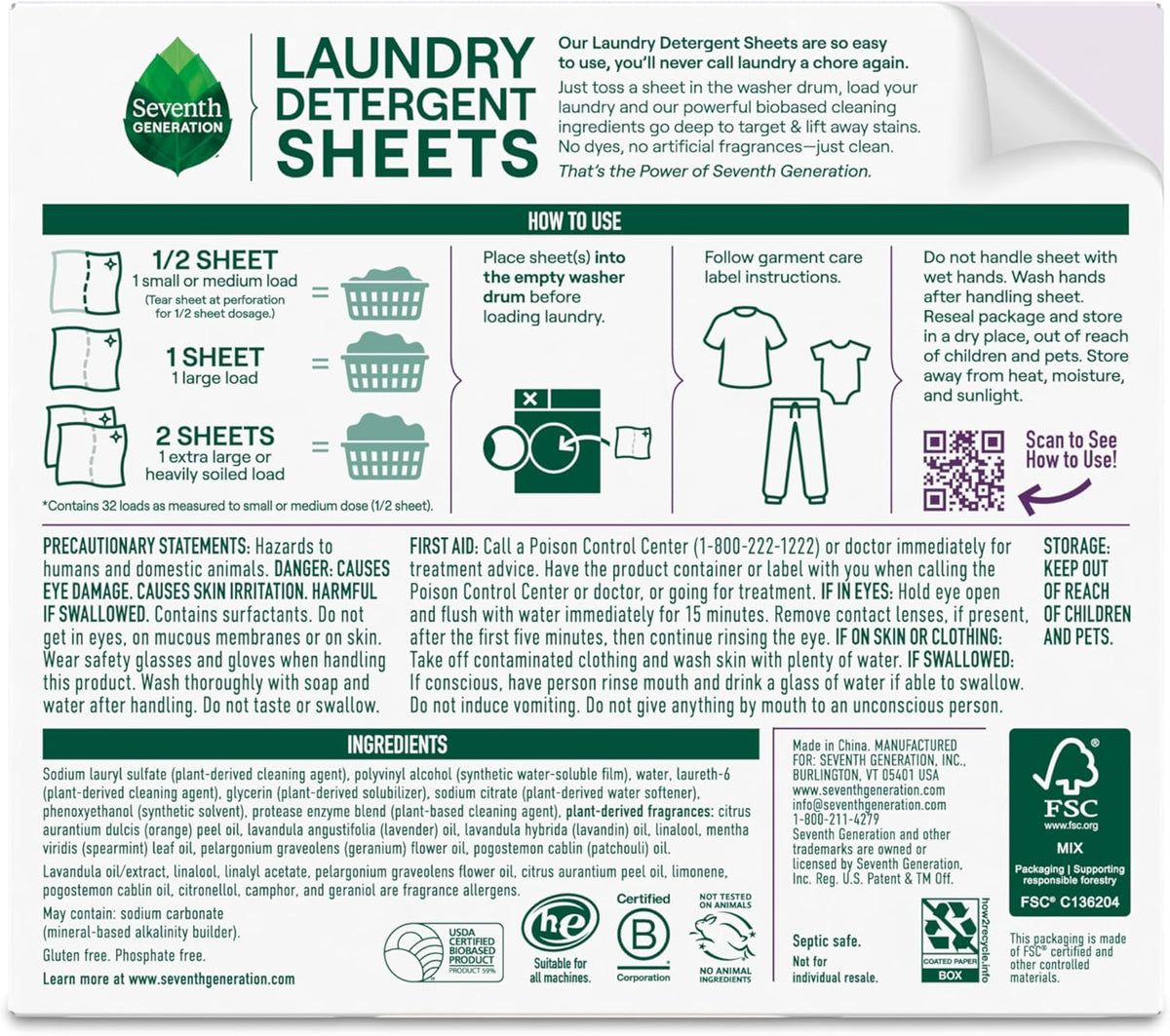 Seventh Generation Laundry Detergent Sheets, Up to 64 Loads, Fresh Lavender Scent, Removes Tough Stains, 0% Dyes and Artificial Fragrances, Safer for your family