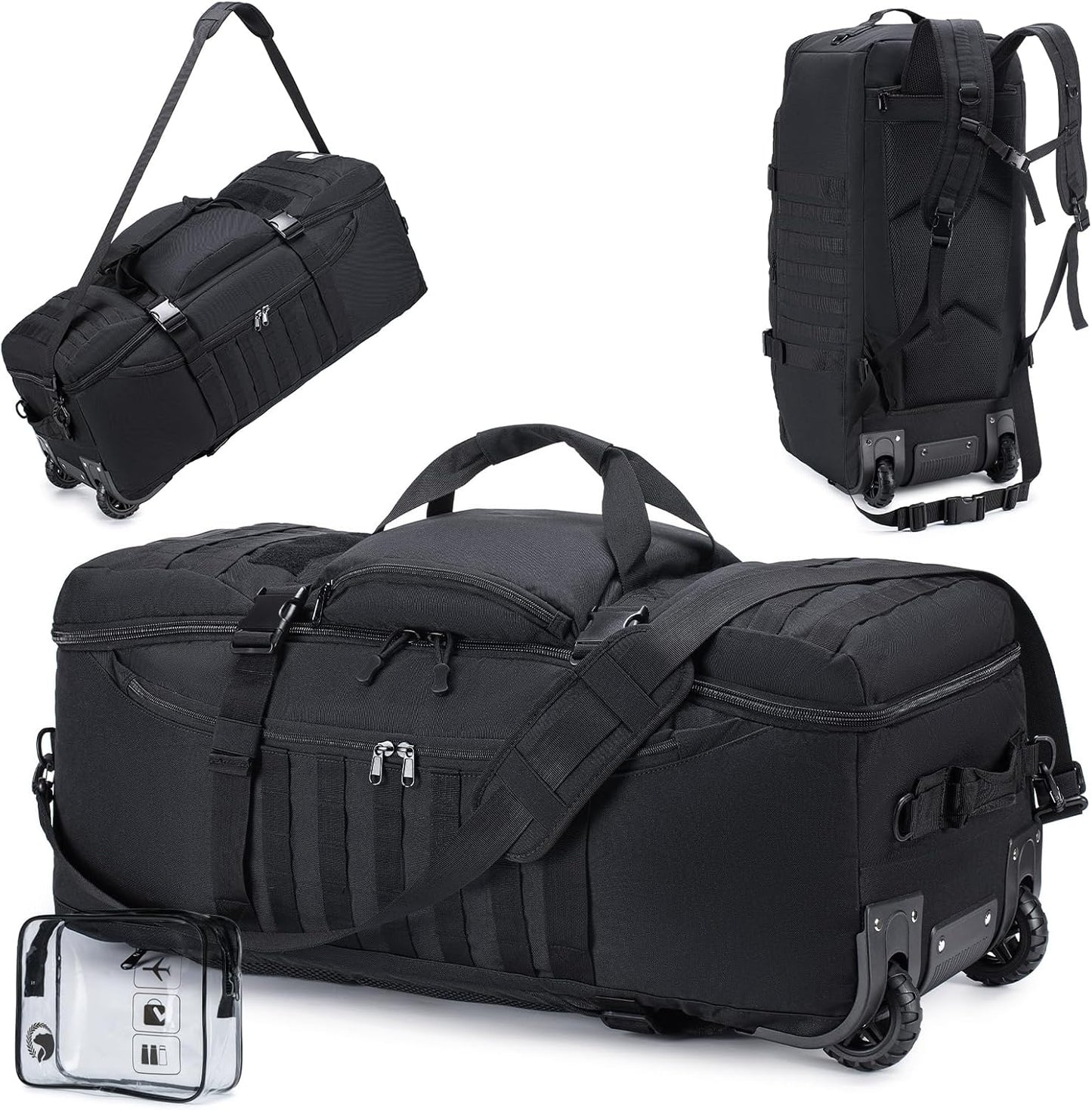 KSIBNW Rolling Duffel Bag with Wheels and Handle, 4 In 1 Tactical 86L Military Backpack with Hidden Straps,Waterproof Wheeled Large Duffle Bag for Travel,Durable MOLLE Luggage for Men & Women, Black - Roamly