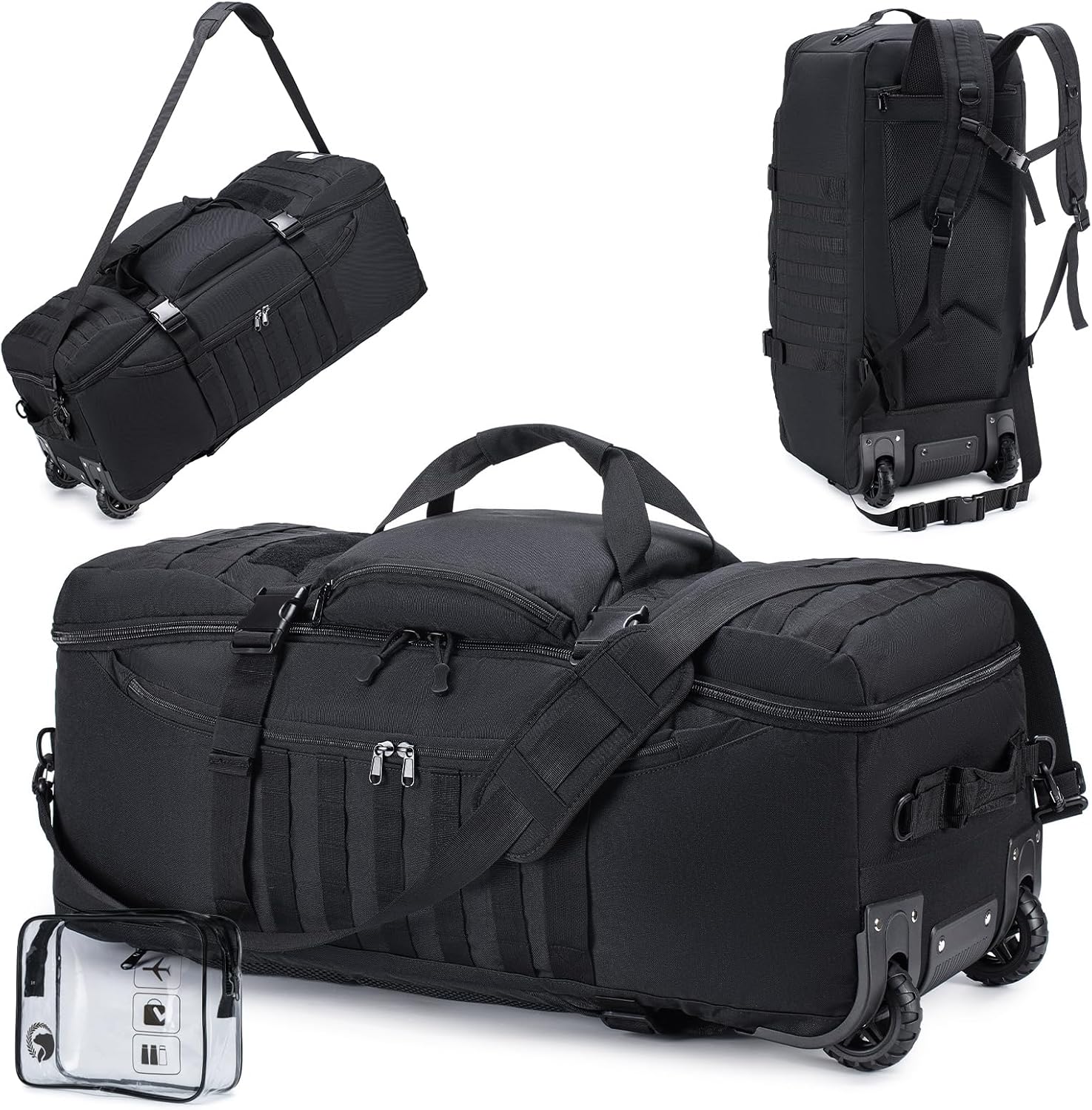 KSIBNW Rolling Duffel Bag with Wheels and Handle, 4 In 1 Tactical 86L Military Backpack with Hidden Straps,Waterproof Wheeled Large Duffle Bag for Travel,Durable MOLLE Luggage for Men & Women, Black - Roamly