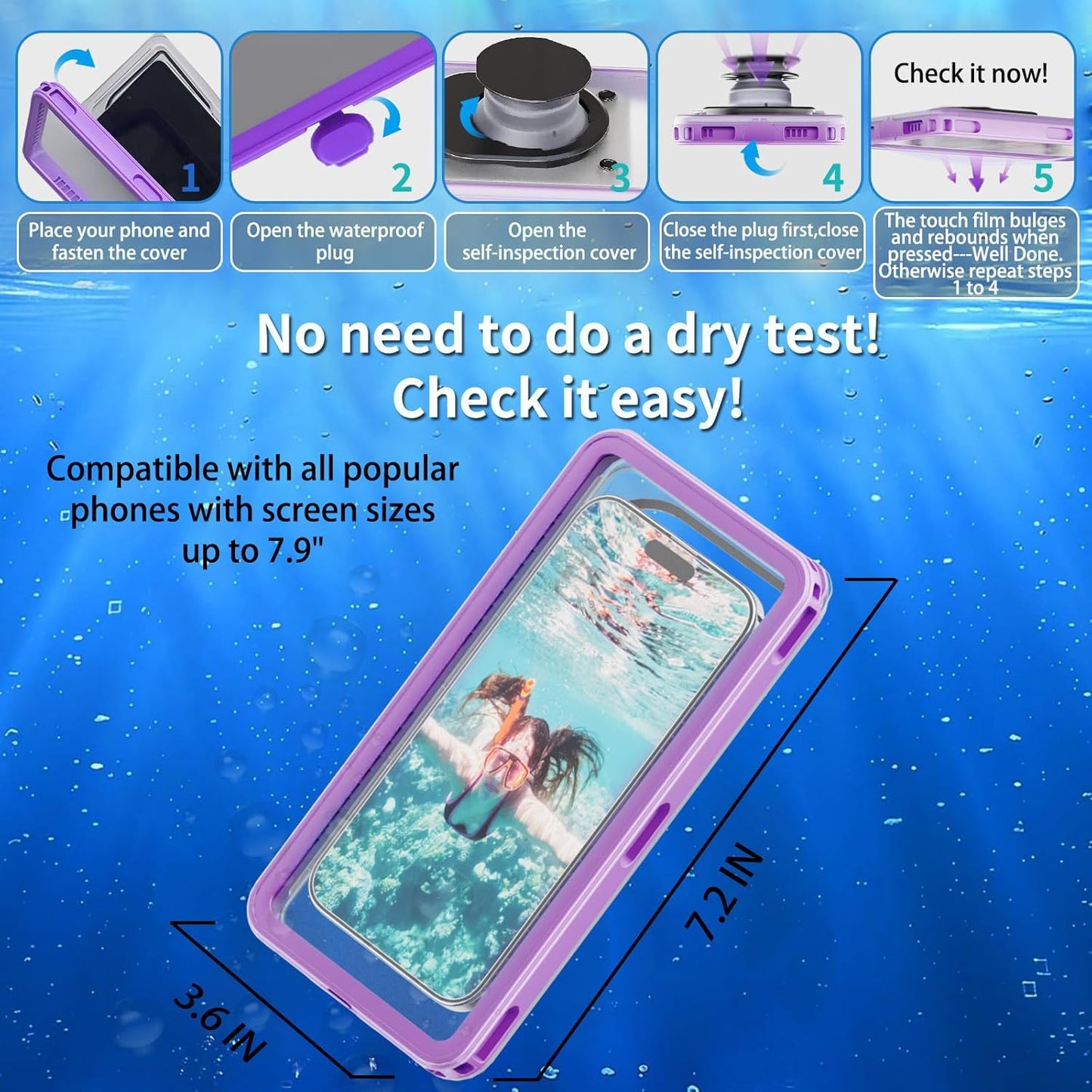 Premium Waterproof Phone Pouch with Lanyard,7.5'' Floating Waterproof Phone Case/Bag for Snorkeling IPX8/Underwater HD Photo/Touch Compatible with iPhone 16/15/14/13 Pro Max Samsungs-Purple