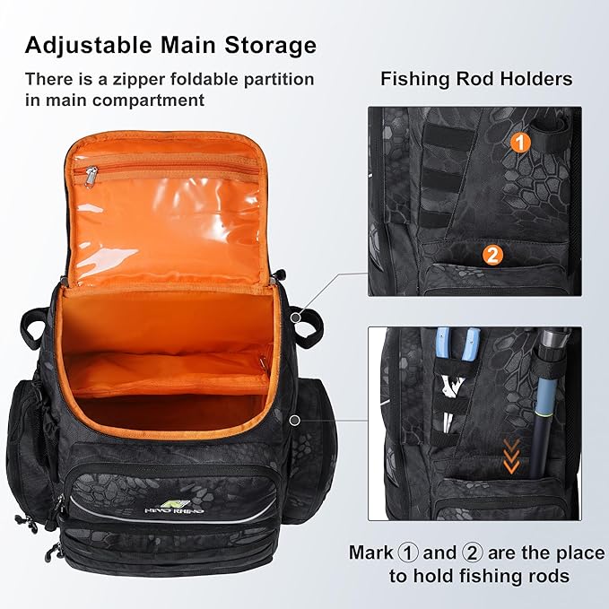N NEVO RHINO Fishing Tackle Backpack with Rod Holders, 40L Large Fishing Bag with Waterproof Rain Cover,Outdoor Tackle Bag