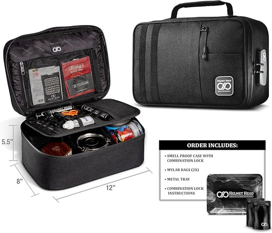 HELMET HEAD Smell Proof Bag and Stash Box, XL Smell Proof Box with Combo Lock for Your Mylar Bags and Smell Proof Containers. Includes 2 Smell Proof Bags and Metal Tray (Black)