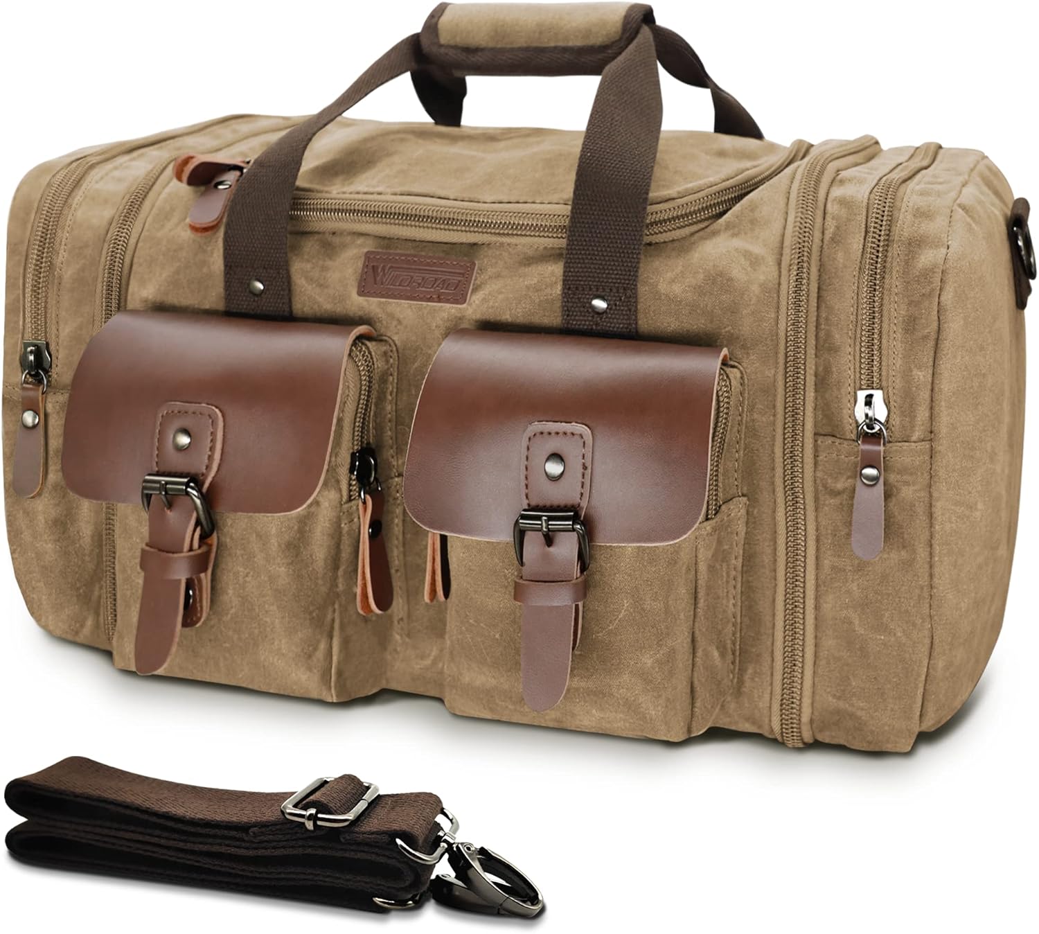 Wildroad Waxed Canvas Genuine Leather 50L Waterproof Duffle Bag - Vintage Travel Weekender Overnight Carry On - Roamly