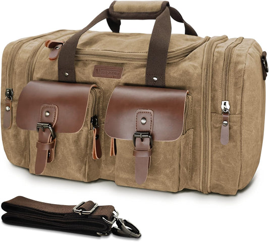 Wildroad Waxed Canvas Genuine Leather 50L Waterproof Duffle Bag - Vintage Travel Weekender Overnight Carry On - Roamly