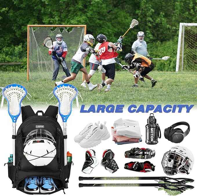 LARIPOP Lacrosse Bag Extra Large Backpack with Stick Holders & Helmet Compartment for Men Women Youth