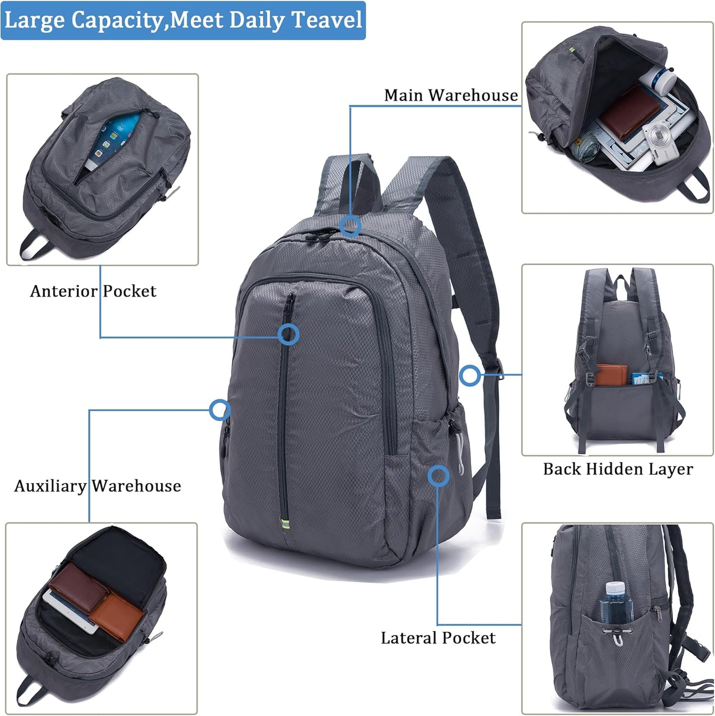 YZAOLL 25L Lightweight Packable Hiking Backpack Waterproof Hiking Daypack for Women Men Gym Backpack Travel Camping Vacation,DarkGray