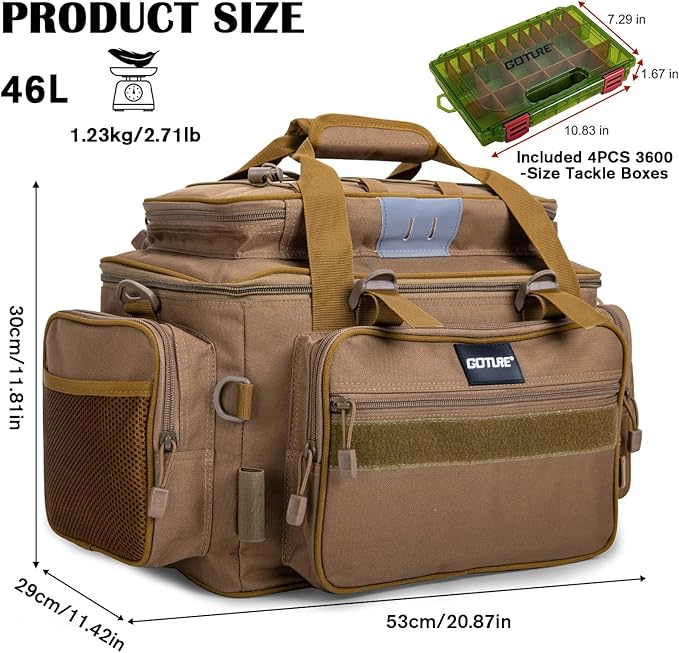 Goture Fishing Tackle Bag with 4pcs 3600 Tackle Boxes, 600D Water-Resistant Soft Side Saltwater Gear Storage Fishing Bag with Rod Straps, Detachable Water Bottle Pouch, Waterproof Bottom, SBS Zippers