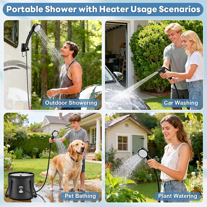 Portable Shower with Heater 1500W Camping Water Heater with Shower Head 3 Spray Modes, 6000mAh Rechargeable Shower Pump with LED Display Foldable Bucket Outdoor Showering for Hiking RV Car Travel Pet