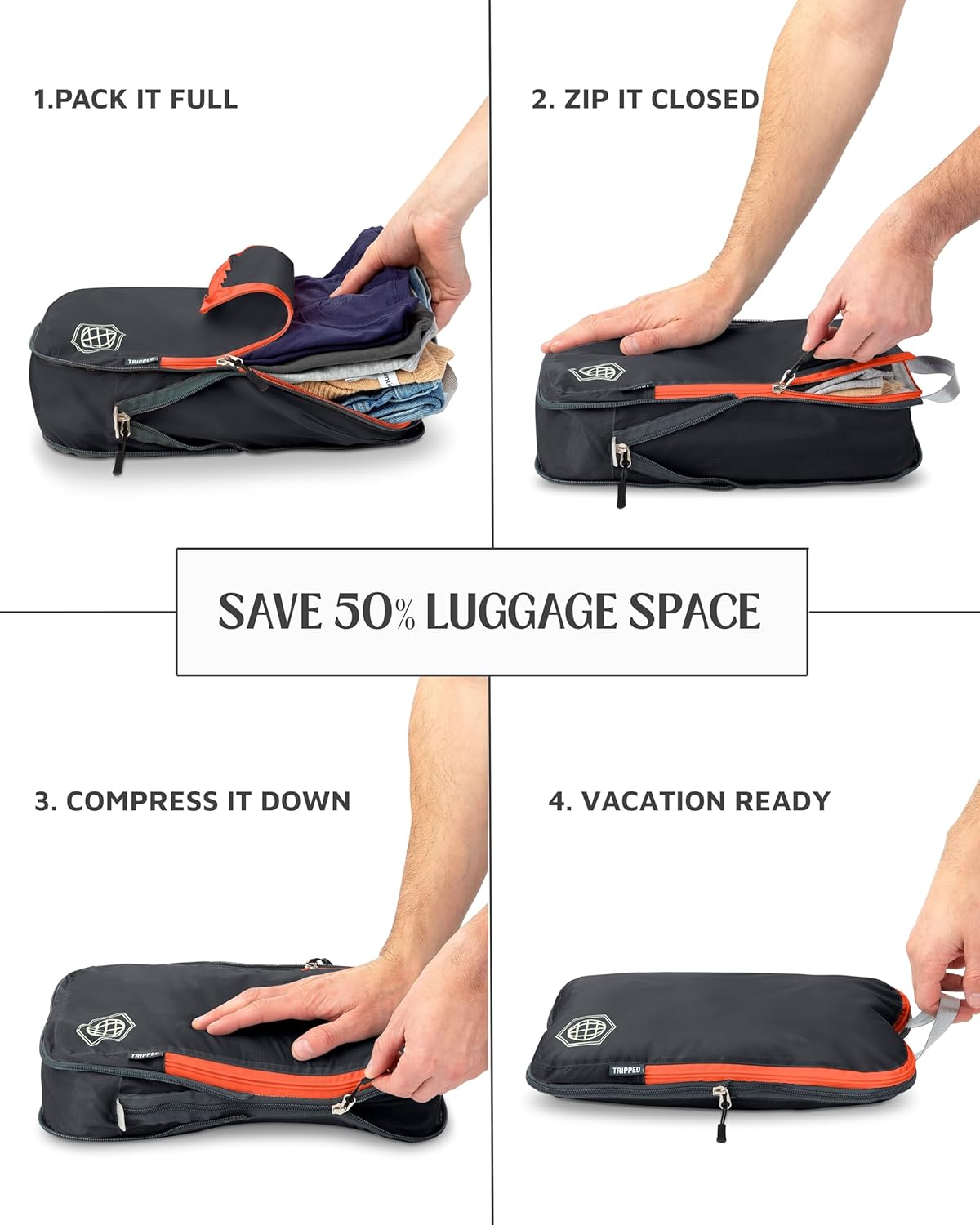 Large Compression Packing Cubes for Travel-Packing Cube Luggage Organizers 7 Piece Set for Checked Luggage-Ultralight, Expandable/Compression Bags by TRIPPED Travel Gear (Grey/Orange) - Roamly
