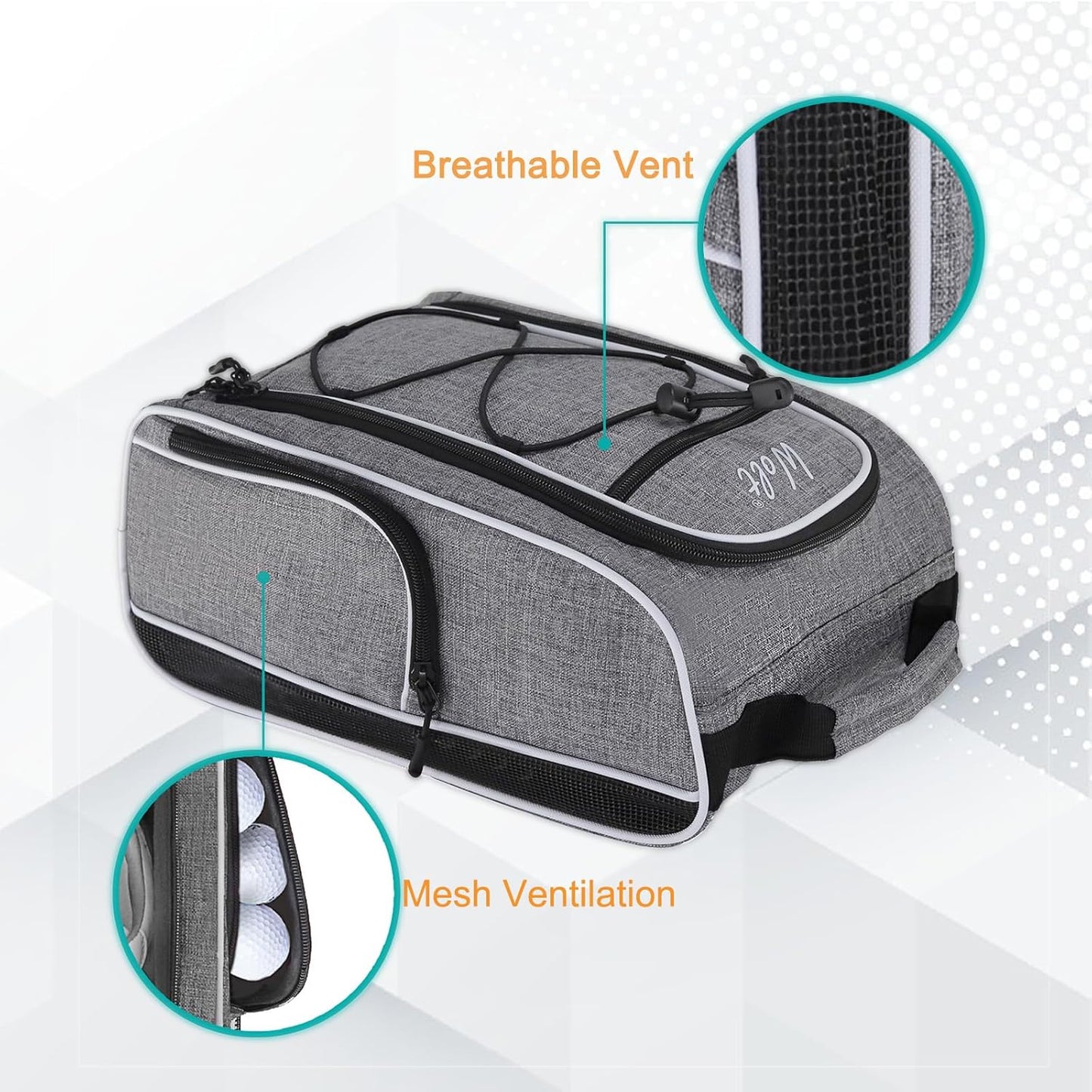 Wolt 2 Pcs Golf Shoe Bag for Travel- Zippered Shoes Carrier Bags with Ventilation & Double Outside Accessory Pocket for Socks, Tees, Golf Balls, etc. for women and men (Black+Grey)