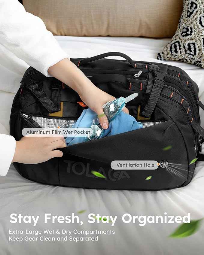 Tolaccea Travel Backpack for Men Women, 40L-50L Carry On Backpack with Wet Dry Compartment, TSA Approved Laptop Daypack Fits 15.6", Convertible Expandable Large Rucksack Duffel Bag for Work Travel