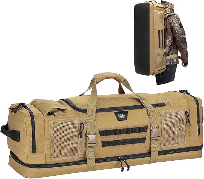 KEMIMOTO Hunting Duffle Bag, 78L large Capacity Travel Gear Bags Tool Range Cases for Long Distance Trips Hiking Hunting Fishing Camping, Multi Pocket Design, Brown Backpackable