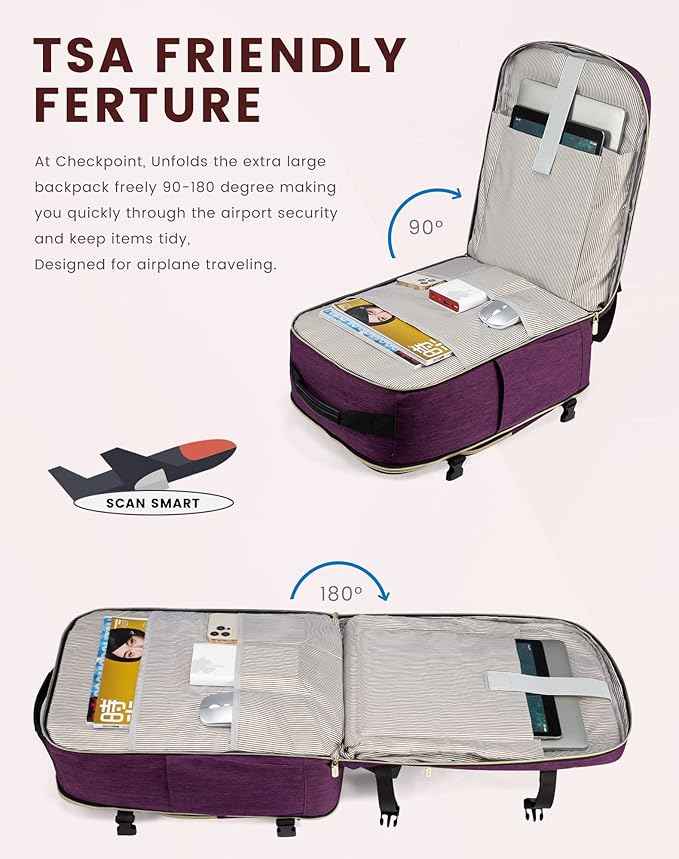 LOVEVOOK Travel Backpack for Women & Men 50L,Airline Approved Carry On Backpack Travel Essential,TSA Carry on Luggage,Waterproof Personal Item Travel Bag,Suitcase with 3 Packing Cube,Dark purple-Black