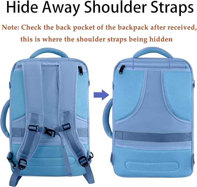 MATEIN Big Backpack for Travel, Carry on Backpack for Airlines with Hide Away Shoulder Straps, Large Hiking Daypack with 2 Handles, Gifts for Traveler Women, Light Blue
