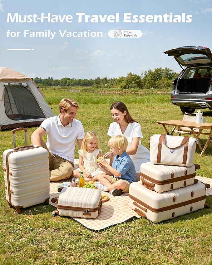 LONG VACATION 6 Piece Luggage Set Carry on Suitcase with ABS+PC hardshell, Spinner Wheels & YKK Zipper TSA Lock (BEIGE-BROWN, 6 piece set)