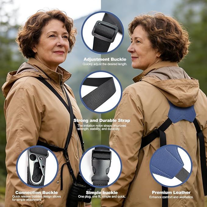 Binocular Harness Strap, Adjustable X-Shaped for Hunting, Hiking & Birding, Bino Harness Fits for Carrying Binocular, Cameras, and More