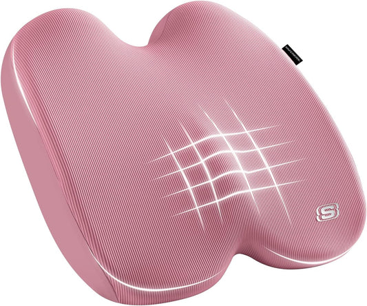 Skechers Memory Foam Seat Cushion,Ribbed Fabric Office Chair Cushion for Tailbone Pain Relief,Butt Pillow for Office Chair,Car Seat Cushion,Long Sitting Office Workers,and Car Drivers,Pink