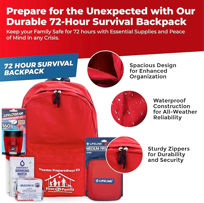 First My Family All-in-One Premium 2-Person Emergency Survival Kit | Hurricane & Earthquake Preparedness Supplies | Disaster Backpack with 72-Hour Survival Gear, First Aid, and More
