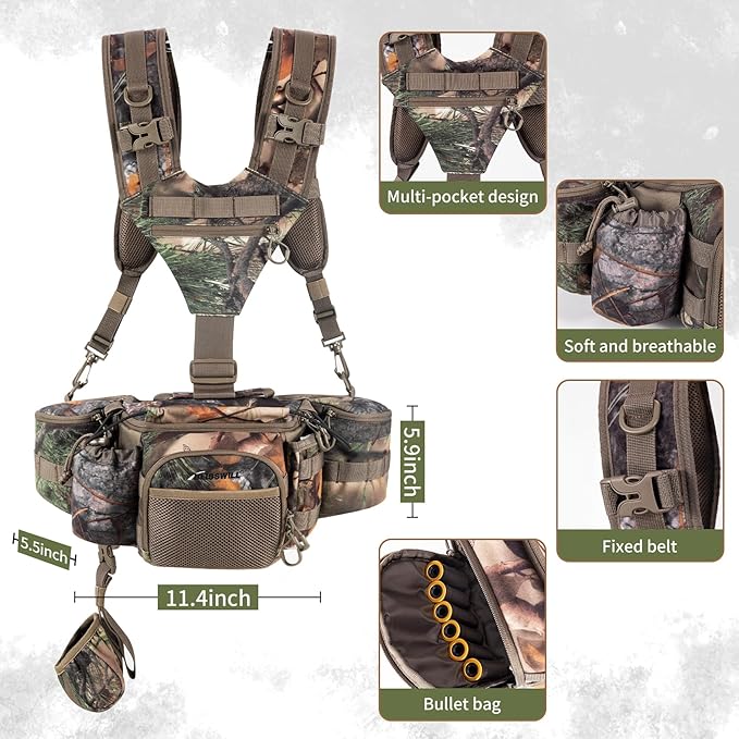 BLISSWILL Hunting Fanny Waist Pack with Harness Pouch，Shoulder-Supported Waist Pack， Hunting Backpack for Bow Rifle（New Leaf Camo）