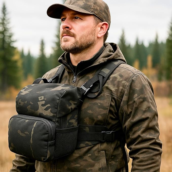 Tactical Binocular Harness Chest Pack, Bino Case Waterproof MOLLE Strap System, Rangefinder Pouch with Magnetic Closure, Camouflage