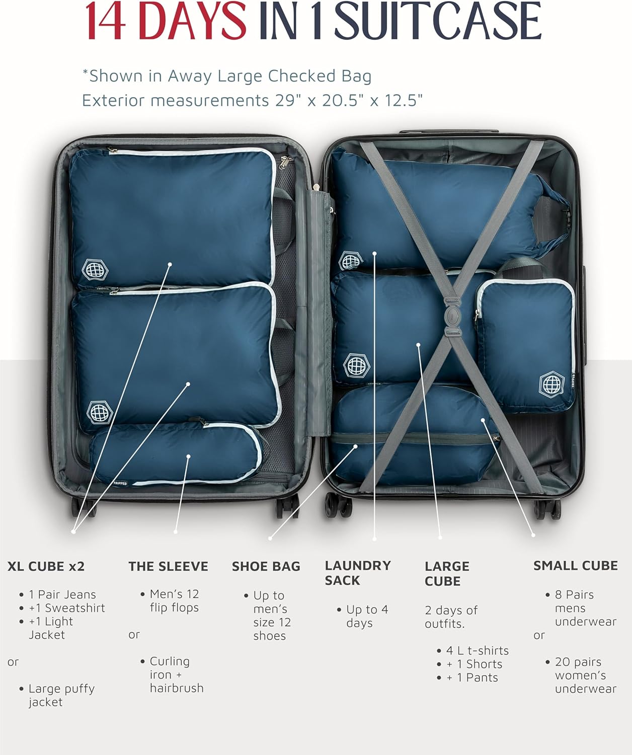 Large Compression Packing Cubes for Travel-Packing Cube Luggage Organizers 7 Piece Set for Checked Luggage-Ultralight, Expandable/Compression Bags by TRIPPED Travel Gear (Navy/White) - Roamly