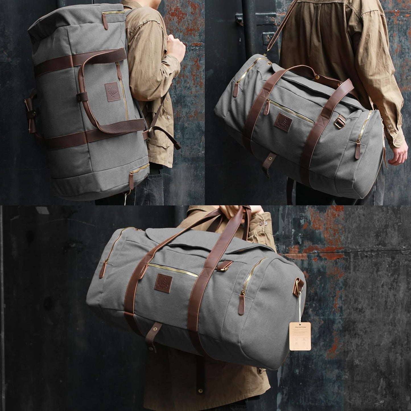 Vintage Canvas Duffle Bag, 50L Genuine Leather Travel Duffel Backpack Multifunctional Overnight Weekender Bag with Shoes Compartment Men (Grey) - Roamly
