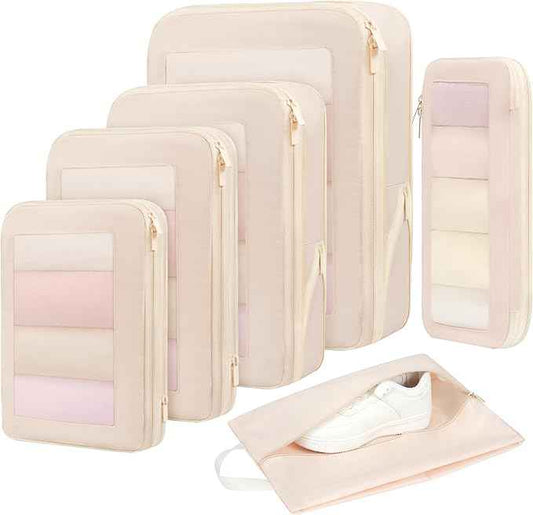 BAGAIL 4 Set/6 Set/8 Set Compression Packing Cubes Travel Accessories Expandable Packing Organizers (Square Mesh, 05-Cream)