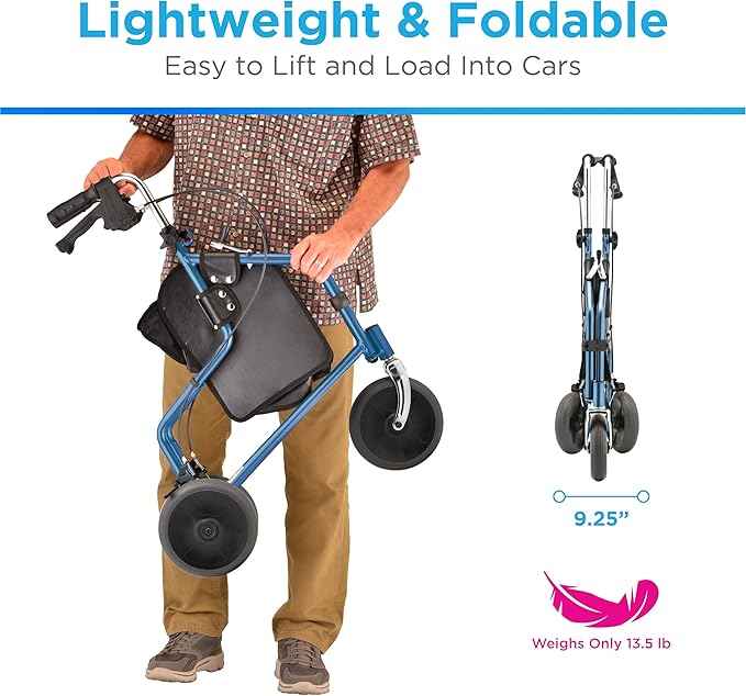 NOVA Traveler Folding 3-Wheel Walker with Tray, Basket, Pouch & Cup Holder, Lightweight Mobility Aid for Seniors & Adults, 8” All-Terrain Wheels for Tight Spaces & Travel, Blue
