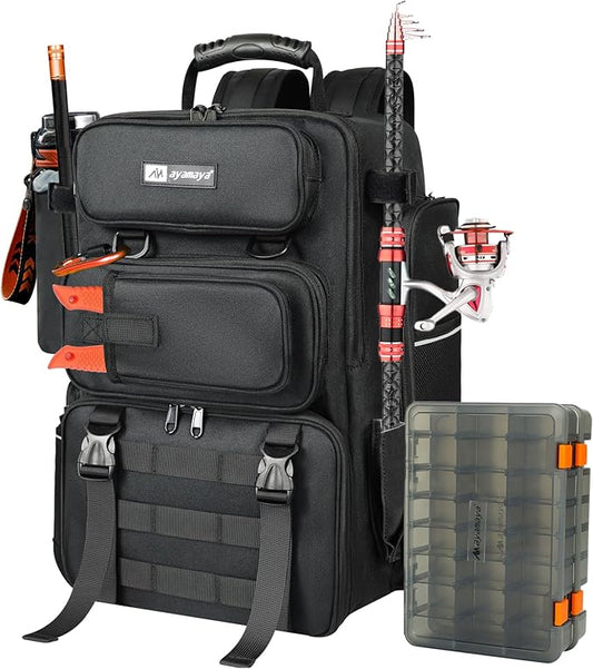 AYAMAYA Fishing Backpack, 40L Tackle Backpack with Rod Holders & 2 Tackle Trays, Large Water-resistant Fishing Bag Equipments