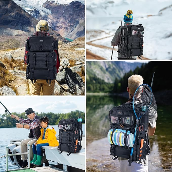 Goture Fishing Backpack with Cooler,72L Large 600D Tackle Backpack with Rod Holders,Dry & Wet Split Compartment,Adjustable Main Compartment,Rain Cover,Insulated Tactical Bag for Travel Camping Hiking